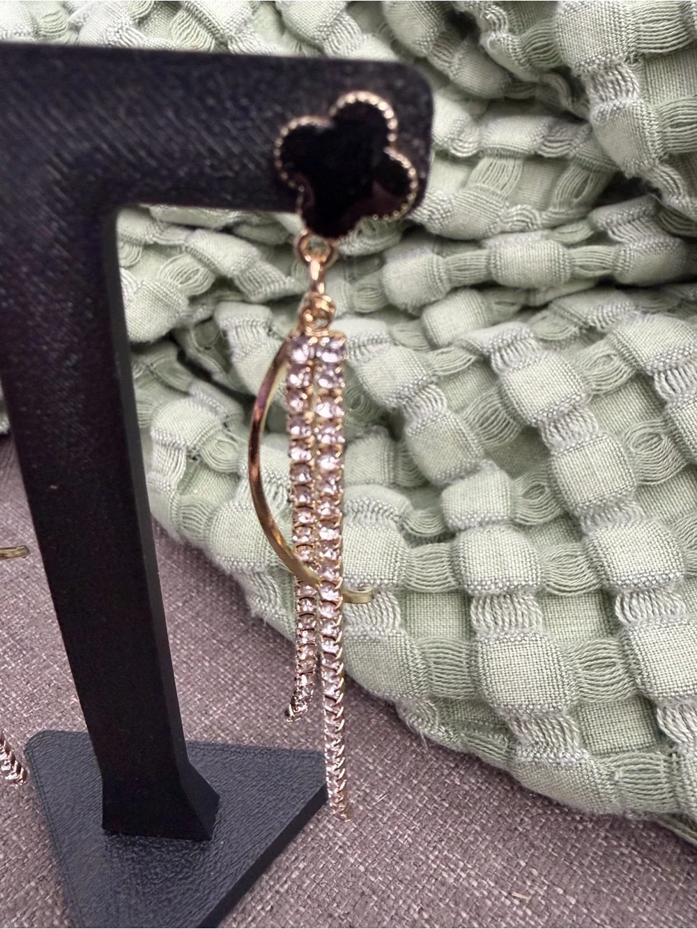 Black Quatrefoil Rhinestone Tassel Drop Earrings Gold Tone